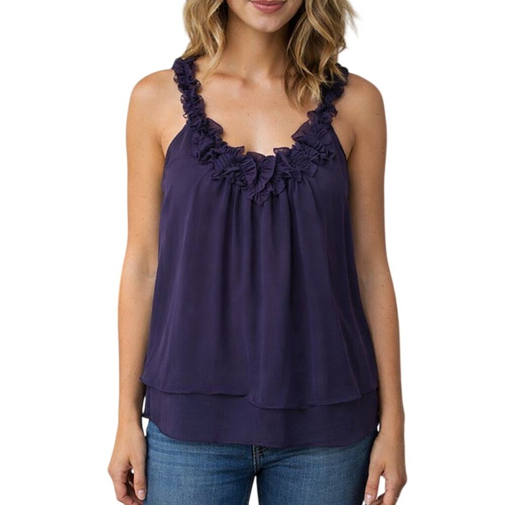 Rebecca Taylor Women's 6 Purple Tank Top Blouse Sheer Floral Layered